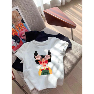 เสื้อยืดแขนสั้นผ้าฝ้ายแท้ลายการ์ตูนสีม่วง ทรงเข้ารูป ฤดูร้อน 2025 เสื้อผ้าทำงานสไตล์เกาหลี แฟชั่นสตรีท แฟชั่นสตรีท