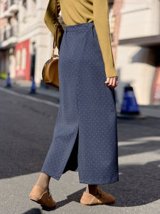 Autumn Xi Pear Shapes Polka Dot Woolen Skirt Womens Fall and Winter High Waist Purplish Blue a Word Long Slit Long Skirt