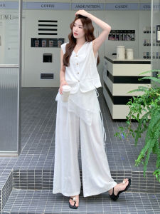 White French Style Lace Splice Wide Leg Pants Two Piece Set Womens Fashion Summer Design Sense Vest Suit V Neck Button Closure