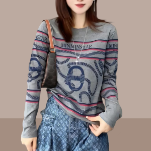 Casual round Neck Long Sleeve Womens T-shirt Base Shirt Top Fashionable Loose Fit Spring Autumn High Waist A-Line Skirt