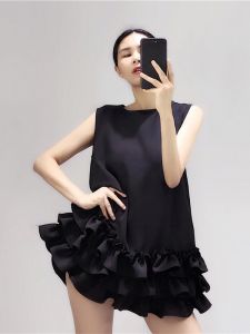 Summer New Black Sleeveless Cake Skirt Design Womens Dress Elegant Beachwear Polyester Fiber Straight Cut Daily Wear