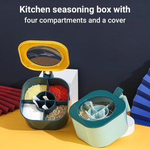 4 in 1 multi-compartment seasoning box | salt pepper herb spice jar with spoon kitchen seasoning storage container⚡PH deliveryIn stock⚡