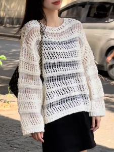 QINGNAER | Korean Style Hollow Out Loose Fit Sweater