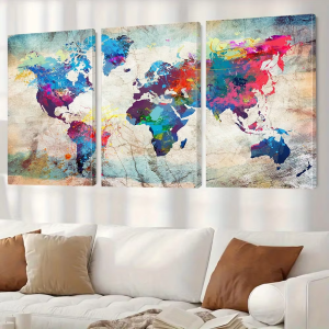 3 Màu Nước Bản Đồ Thế Giới In Canvas - Bản Đồ Retro Tác Phẩm Nghệ Thuật Trang Trí Nhà Poster Phong Cách Hiện Đại Unframed Tranh Quà Tặng