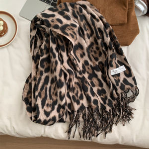 Retro Leopard Print Woolen Tassel Scarf Womens Winter Thick Warm Shawl Millennial Spicy Girl Shoulder Wrap Multifunctional Long Rectangle