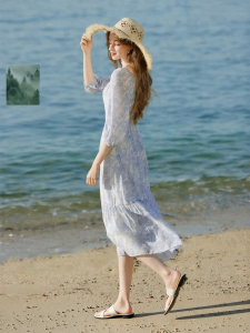 XIANGYING | Beach Vacation Tencel Dress French Square Neck Printed