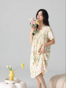 THREEGUN | Short Sleeve V-Neck Comfortable Cotton Breathable Sweet Print Dress