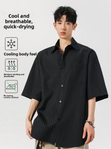 Textured Short Sleeve Mens Shirt Summer Ice Silk Cool Casual Half Sleeve Top American Trend Black Shirt Jacket Loose Fit
