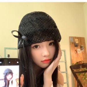 A Niche Black Bow Korean Version Hollowed Out Elastic Pile Cap That Highlights the Face Small Lace Spicy Girl Headband Hat