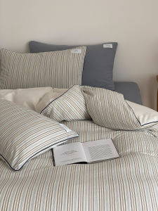 Retro Cotton Striped Bedding Set 1.8m Simple Washed Color Woven Triangle Pattern Quilt Coverlet And Sheet Four Piece Bedding Set