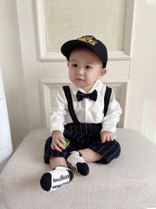 Elegant Gentlemans Suit for Baby Boys Birthday Photoshoot Spring Autumn Cotton Blend Material Fitted Long Sleeve Striped Jacket