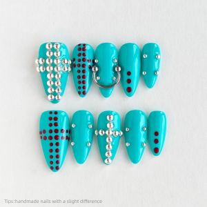 10pcs Handmade Turquoise Silver Stud Press On Nails Almond Long Punk Style Fake Nails Red Dot Decor False Nail