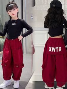 Girl Hip Hop Pants Spring and Autumn Children Red Cargo Pants Teens Autumn Clothing Lantern Pants 9 Girl Long Sleeve T-shirt