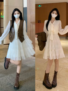 Plus Size Ladies Plus Size Womens Clothing Fall Gentle Dress Slim Looking French Style Retro Elegant Leather Waistcoat Outwear Two-piece Set
