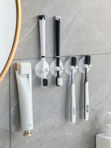 No-Drill Toothbrush Holder Bathroom Wall Mounted Storage Rack for Toothpaste Face Wash Skincare Brushes Organizer