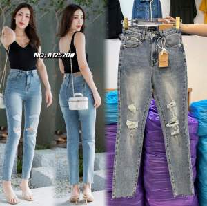 JH2520 กางเกงยีนส์ทรงboyfriend เนื้อยีนส์ยืด สีฟอก เอวสูง Tag::Major Made