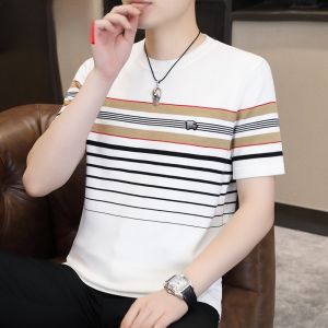 HENGYUANXIANG | High-End Short Sleeve Knitted Sweater Round Neck Mens Spring Autumn Stripe Pattern Base Shirt Fashionable Urban Loose Fit