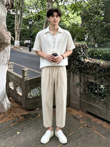 OUMULONG | Mens Linen Lightweight Breathable Straight Trousers