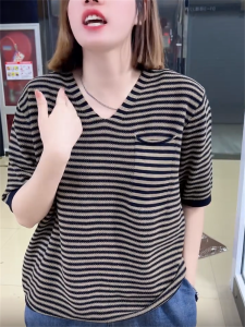 Summer Stripe Short Sleeve V-Neck Knitted Top Womens Fashion Casual Versatile Regular Shoulder Lengthened Polyester Fiber