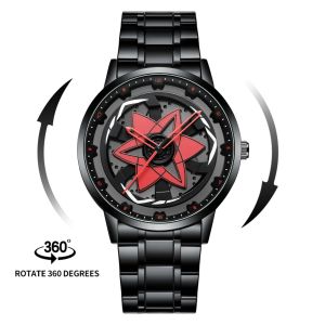 Sports Men Watch Black Stainless Steel Red Compass Rotating Clock Quartz Movement Original 3Bar Waterproof Casual Sports Watches