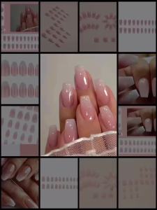 Medium long fake nails for women gradient nude white ballet shape with sparkling glitters reusable ABS press on Artificial nails