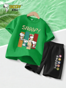 Snoopy | Bộ Áo Thun Tay Ngắn Mùa Hè Màu Xanh Lá Cây Cho Bé Trai Chất Liệu Cotton