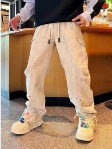 กางเกงขายาวทรงหลวมสไตล์อเมริกันสำหรับผู้ชาย ทรงวินเทจ กางเกงขายาวทรงหลวมสบาย ๆ กระเป๋าใหญ่ ฤดูใบไม้ร่วง/ฤดูหนาว