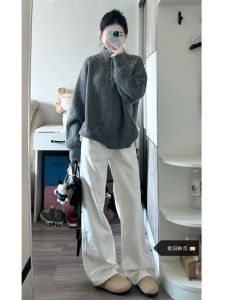 Quần Jeans Ống Rộng Màu Trắng Cạp Cao Cho Nữ Thu Đông Quần Ống Thẳng Ôm Dáng Quần Dài Đến Sàn Kiểu Dáng Mỹ