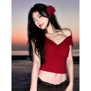 Low Cut Slim Fit Knitted T-Shirt for Women Spicy Girl Style Spring Summer New Arrival Pure Desire Fashionable Short Sleeve V Neck