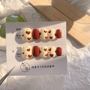 Handmade Nail Art Stickers Wearable Nail Tips Bridal White Heart Design Hand-Painted Wine Red Color Autumn Winter Cute Design