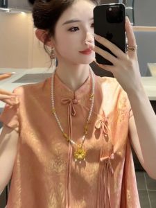 New Chinese Style Buckle Zen Shirt Outfit Female Summer Stylish Small Chic High Waist Wide Leg Pants Two-piece Set