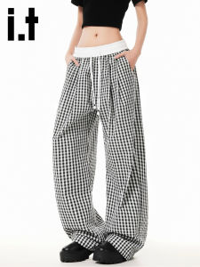 izzue | Color Block Checkered Loose Casual Pants