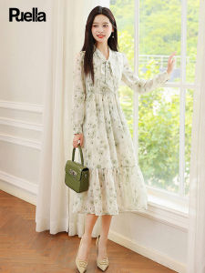 Puella Floral Print Maxi Dress with Sash V-Neck Long Sleeve Womens Autumn Winter High Waist A-Line Skirt Elegant Commute Style