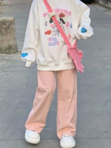 กางเกงขายาวทรงหลวมเอวสูงผ้ากำมะหยี่ผสมคอตตอนผสมโพลีเอสเตอร์สำหรับผู้หญิง ฤดูใบไม้ผลิและฤดูใบไม้ร่วง สีชมพู สีขาว กางเกงขายาวลำลอง