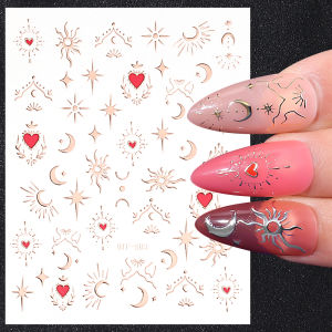 ตัวเลื่อนสติ๊กเกอร์สำหรับเล็บรูปหัวใจสีทองเศษ เลเซอร์ผีเสื้อดาวดวงจันทร์ กาวสำหรับตกแต่งเล็บแบบ DIY