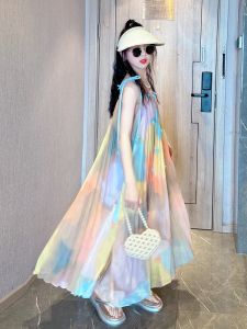 Girls Casual Floral Beach Dress Summer New Style Childrens Skirt Retro Fashionable Kids Clothing Rainbow Element Daily Wear