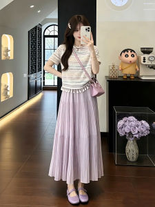XUECAIQI | Stylish Youthful Striped Lace Purple T-Shirt and Skirt Set
