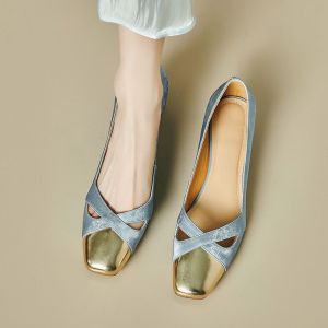 Elegant Leather Fashion Single Shoes Womens Spring Autumn New Style French Square Head Medium Heel Slip-On Shoes