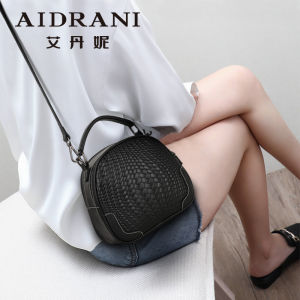 Fashionable Large Capacity round Leather Handbag Womens Shoulder Crossbody Bag Embroidered Pattern Soft Polyester Lining