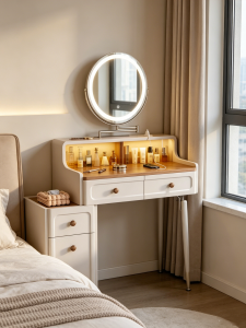 HETU | Vintage Cream Style Makeup Vanity with Mirror and Storage New