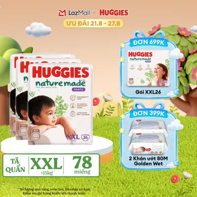 [17-24.08 QUÀ TẶNG ĐƠN 399K] Combo 3 Tã/Bỉm quần HUGGIES PLATINUM NatureMade XXL26 (Trên 15kg)-Gói Jumbo 26 miếng