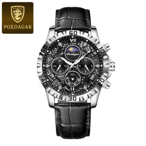 POEDAGAR Fashion Man Watch Waterproof Luminous Chronograph Leather Strap Luxury Watches For Men Business Quartz Mens Wristwatch