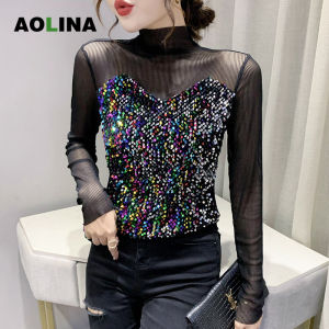 AOLINA 2023 Fall Fashion Mini Top Mesh Long Sleeve Niche Sequin Glitter Silver Beaded Women's T-Shirt