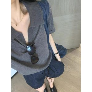 PEIXI | Black Knit Straight-Shoulder Summer T-Shirt Female Slim Fit Top