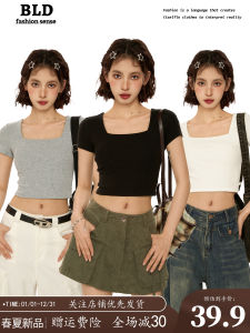 Áo Thun Nữ Tay Ngắn Ôm Vừa Vặn Cổ Vuông Màu Đen Mùa Hè Cổ Cao Cạp Cao Hở Bụng Phong Cách Mỹ Gợi Cảm