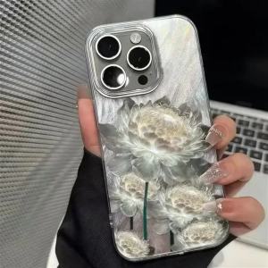 2026 Luxury White Peony Flower Phone Case for iPhone 17 16 15 14 13 12 11 Pro Max - Elegant Floral Design Shockproof TPU Cover
