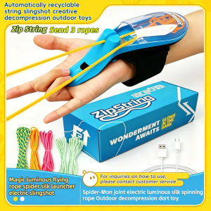 ZipString Wrist Rope Launcher Toy Automatic Recyclable String Shooter Glow In Dark Flying Rope Spider Man Co-branded Electric Decompression Toy for Kids Outdoor Game Comes with 3 pcs Ropes
