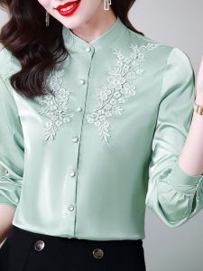 [Brand Big Sale] Elegant Tops Fancy Satin Long Sleeve Shirt Womens Autumn Clothing New Arrival Retro Slimming Ladies