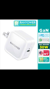 Củ Sạc GaN Nhỏ Gọn Type C PD 3.0 & QC 3.0 30W Sạc Nhanh iPhone Điện Thoại Android Máy Tính Bảng RAVPower RP-PC120 - Hàng Chính Hãng
