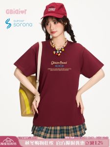 เสื้อยืดแขนสั้นผู้หญิง Gbiaior ฤดูร้อน 2025 ใหม่ ลายตัวอักษร ความรู้สึกระบายอากาศ สไตล์วิทยาลัย สีแดง Anklar